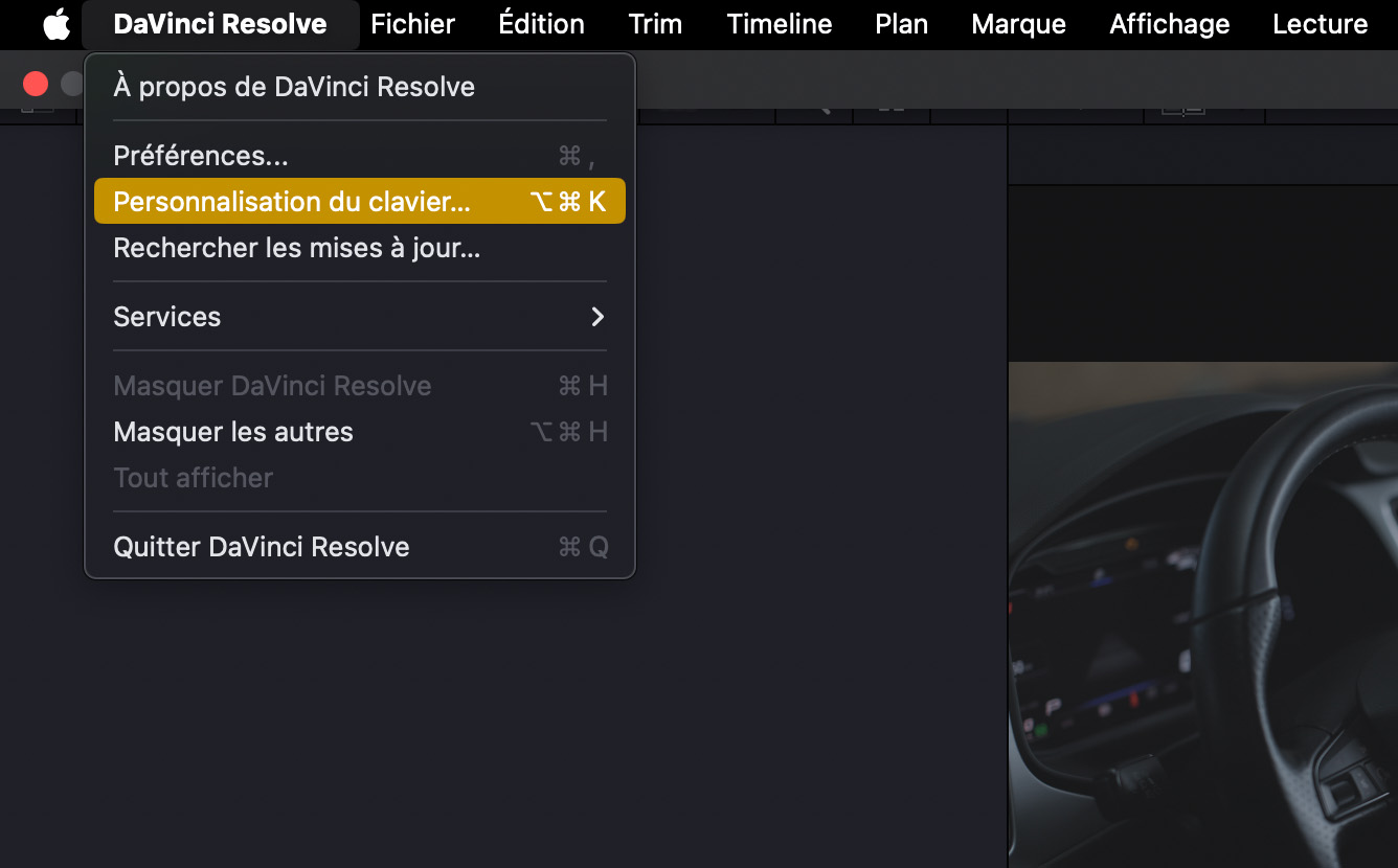 Raccourcis clavier davinci